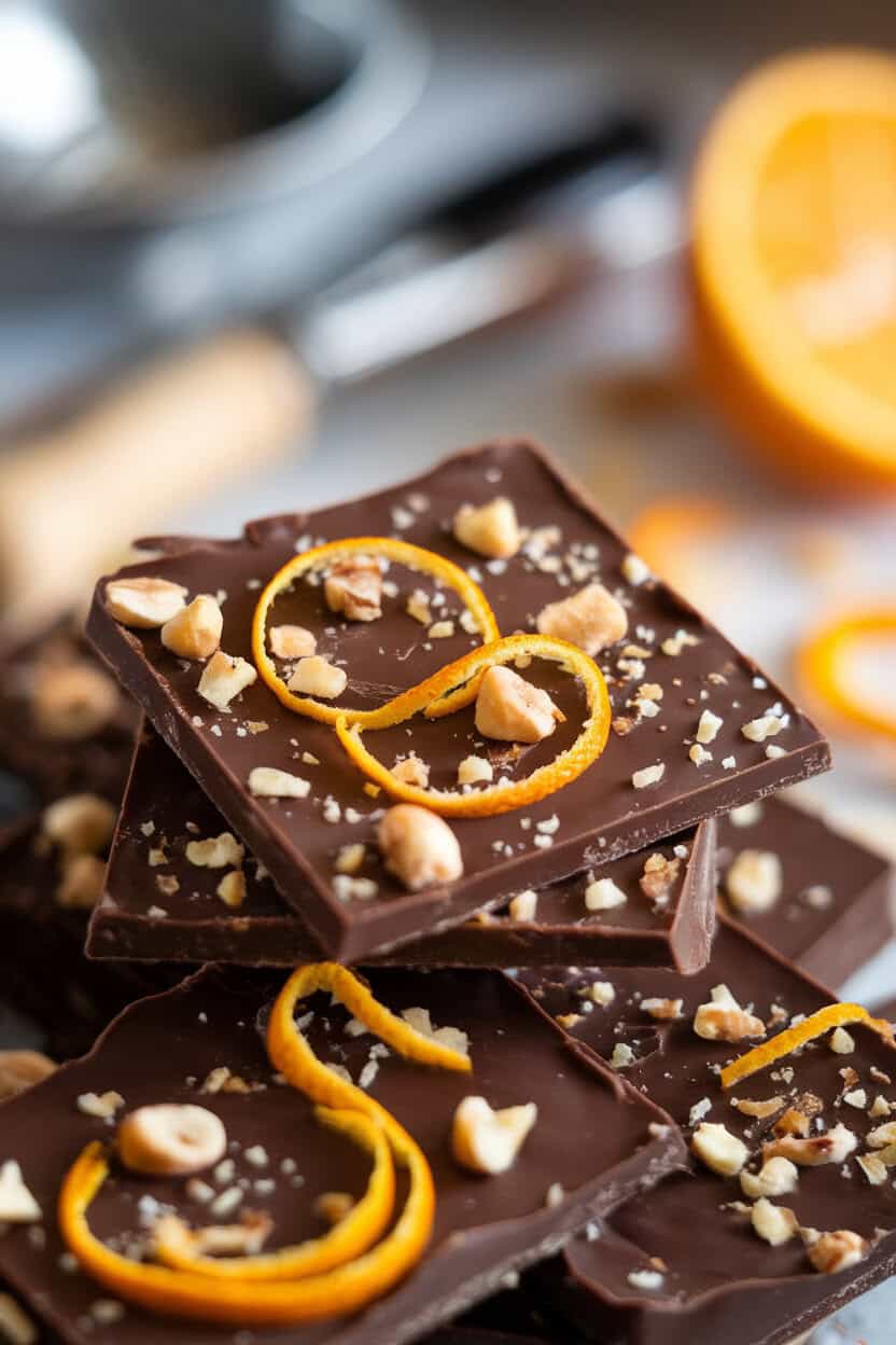 Indoor close-up of dark-chocolate toffee sprinkled with fresh orange zest curls and chopped hazelnuts. No text or logos.
