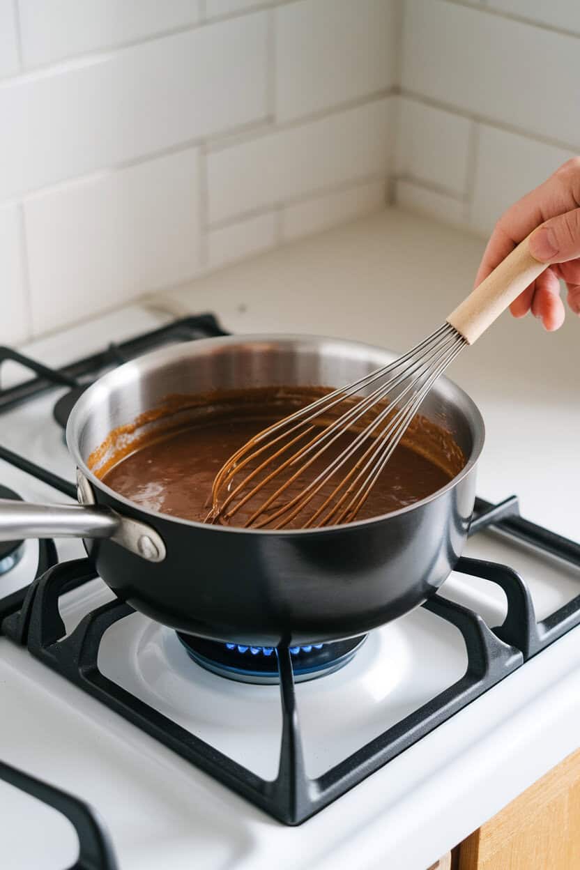 An indoor stovetop scene with a small saucepan of rich brown gravy being whisked, no text or logos on utensils. Photo.