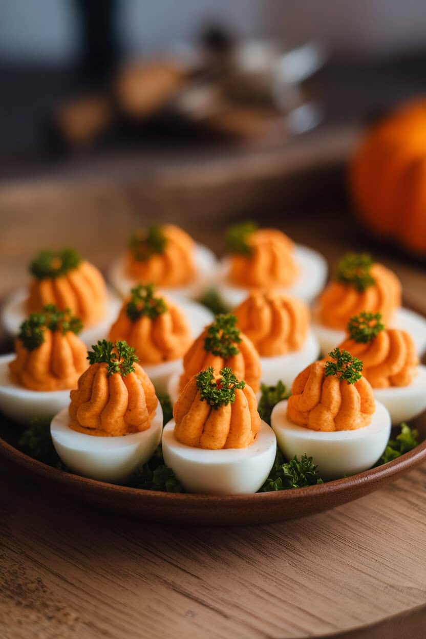 Photo, not illustration — indoor plate of deviled eggs with orange-tinted filling piped in ridged pumpkin shapes, tiny parsley stems; soft diffused light, no text or logos