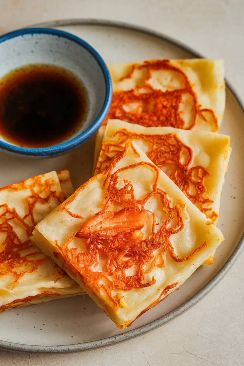 Photo of square pieces of kimchi pancake indoors on a ceramic plate, edges crisp, served with soy-vinegar dipping sauce; no logos