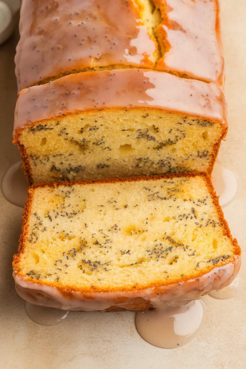 Indoor photo of a glazed lemon loaf sliced to show poppy seeds throughout, glaze dripping slightly, no text or logos