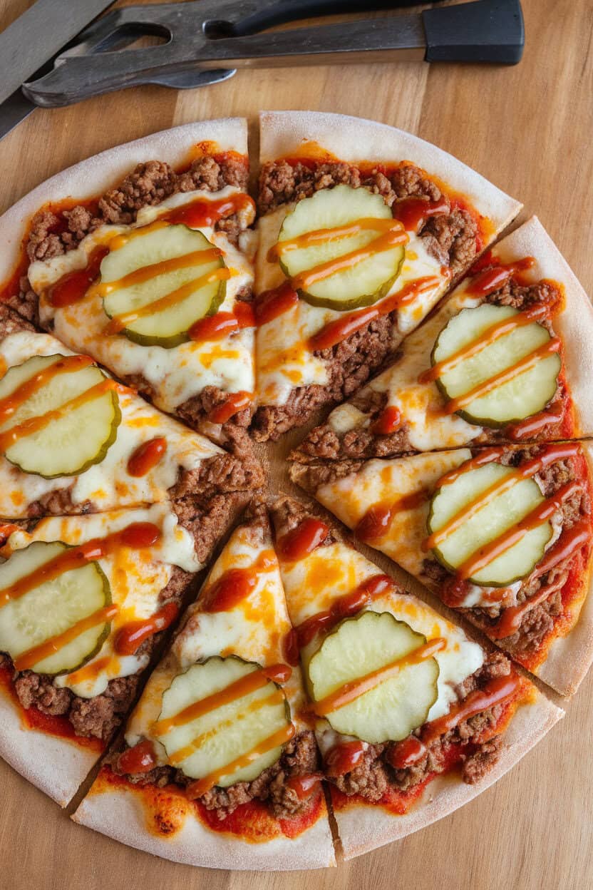 Indoor photo of a pizza topped with ground beef, melted cheddar, sliced pickles, and a drizzle of special sauce, photographed from overhead. No text or logos present.