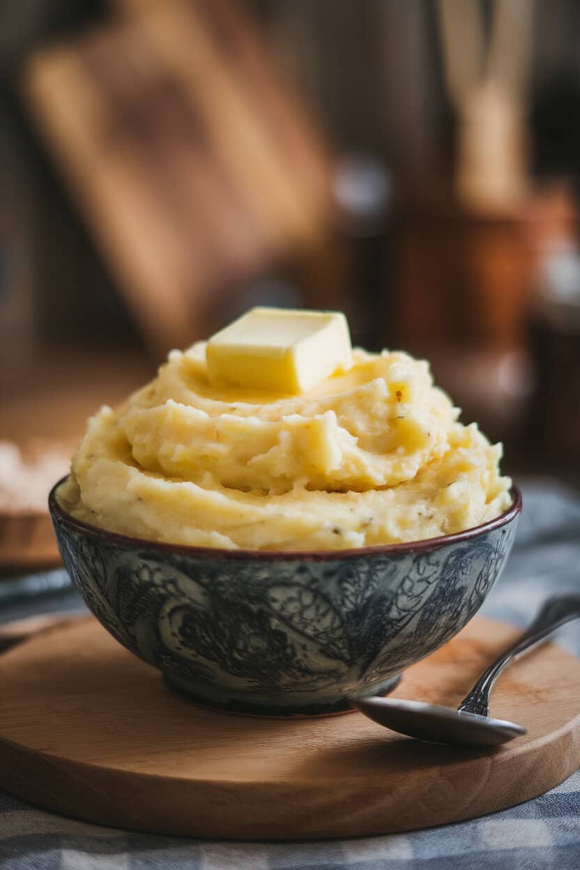 Photo of a bowl piled high with creamy mashed potatoes, butter melting on top, shot indoors next to a serving spoon. No text or logos on the dish.