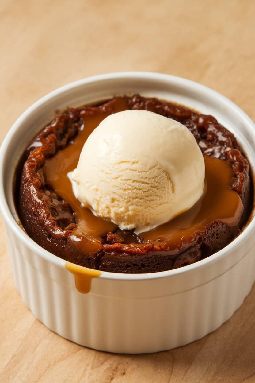 A ceramic ramekin indoors filled with sticky toffee pudding, warm toffee sauce drizzled over the top, a scoop of vanilla ice cream melting slightly. No text or labels.