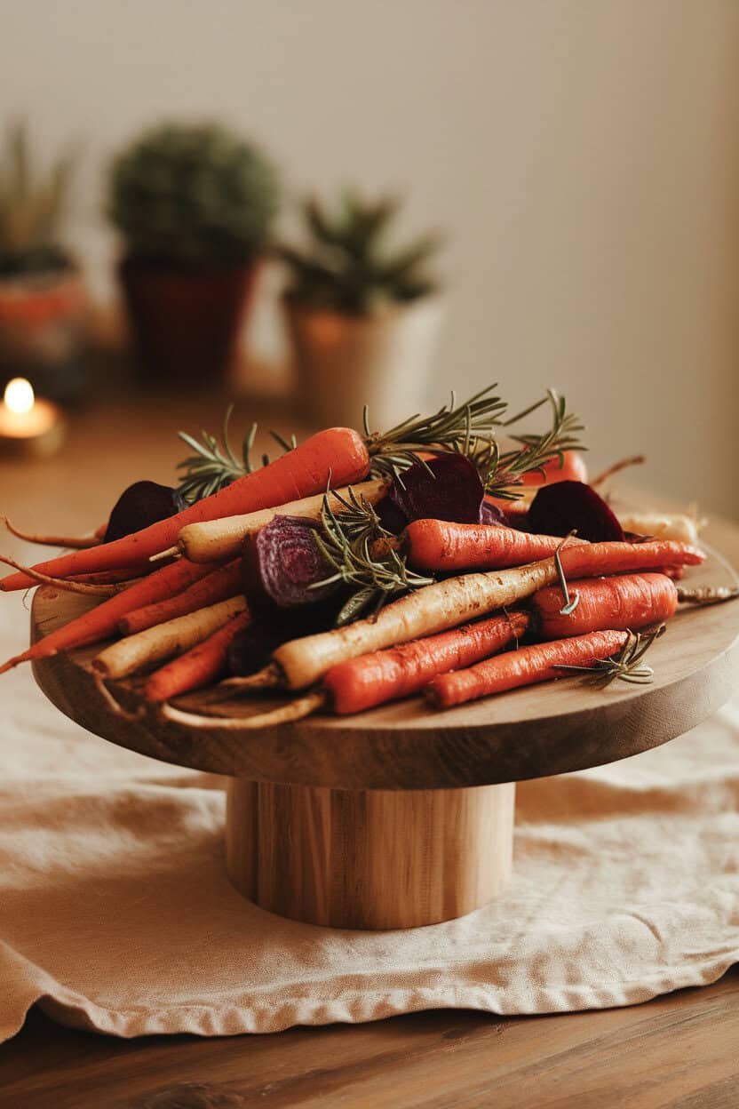 An indoor serving platter piled with roasted carrots, parsnips, and beets sprinkled with fresh rosemary. No text or logos. Photo, not an illustration.