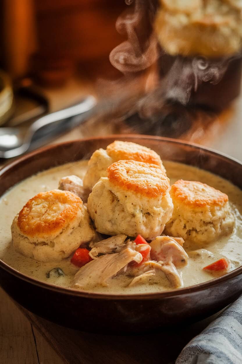 A deep bowl indoors filled with creamy chicken stew topped with fluffy biscuit-style dumplings; steam rises; no text or logos; photo