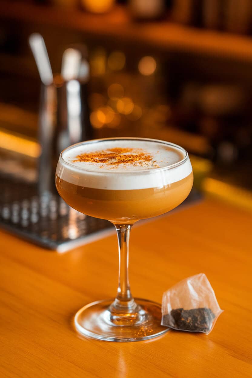 An indoor bar table with a coupe glass of Chai Whiskey Sour, silky foam, dusting of chai spice on top, tea bag wrapper absent; no text or logos; photo