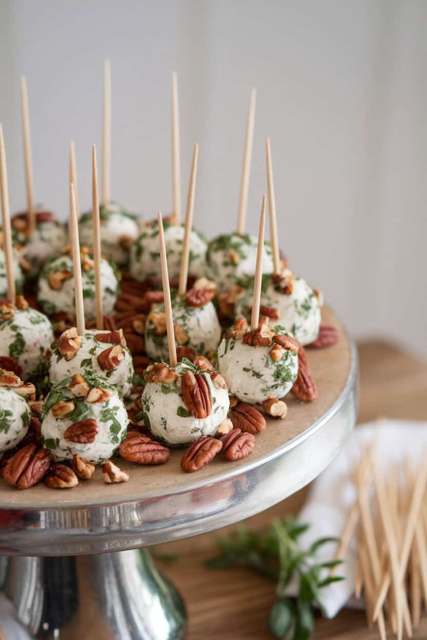 An indoor serving board displaying small goat cheese balls rolled in chopped toasted pecans and herbs, toothpicks standing by. No text or logos appears. Photo only.