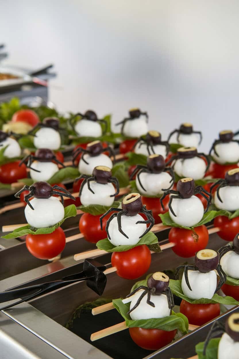An indoor buffet spread showing caprese skewers with mozzarella balls, cherry tomatoes, and basil leaves, each topped with a sliced black olive “spider” perched on the cheese. No text or logos anywhere. Photo only.