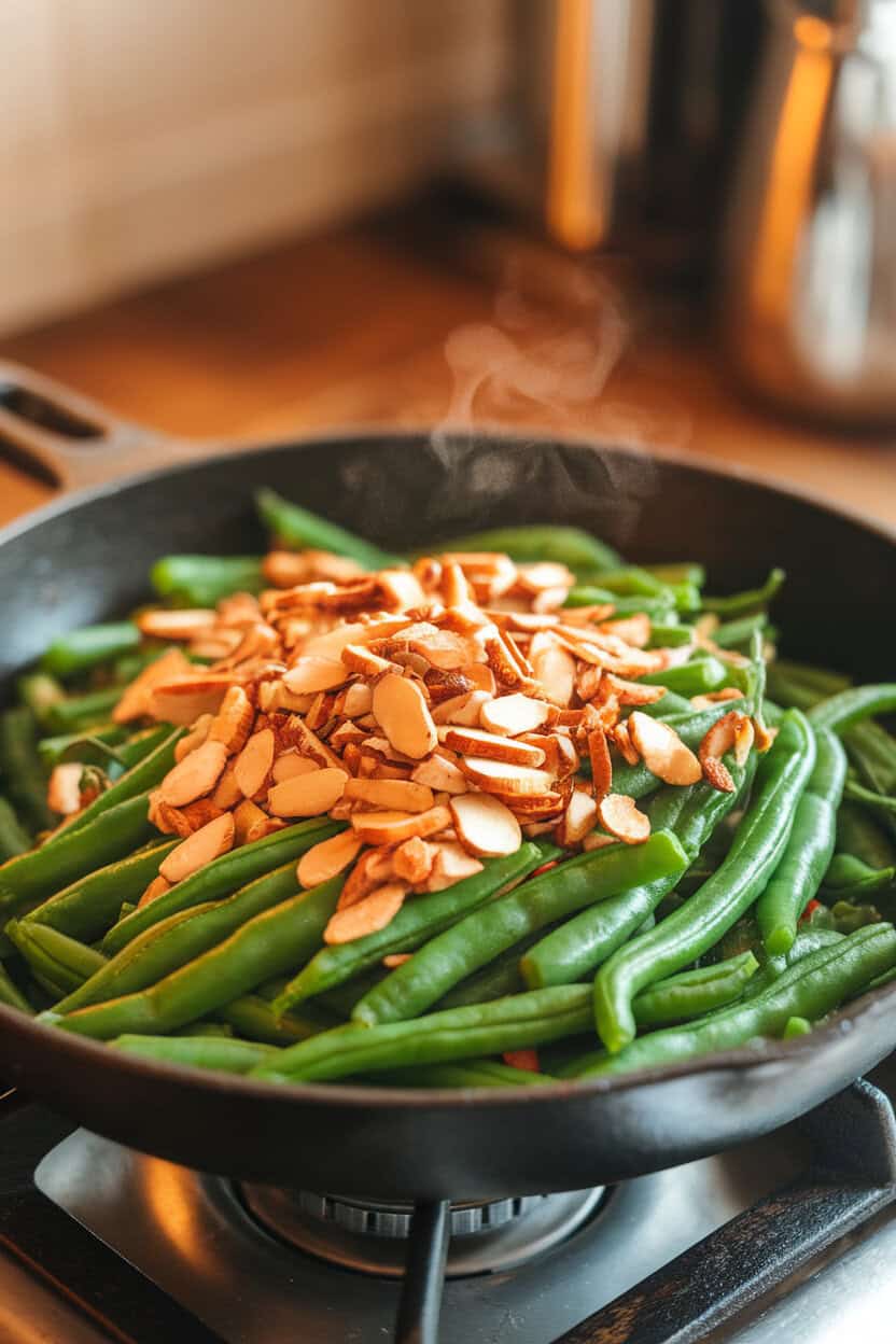 A stovetop skillet shot indoors, filled with vibrant cooked green beans and toasted sliced almonds. Subtle steam visible; no text or logos present. Photo only.