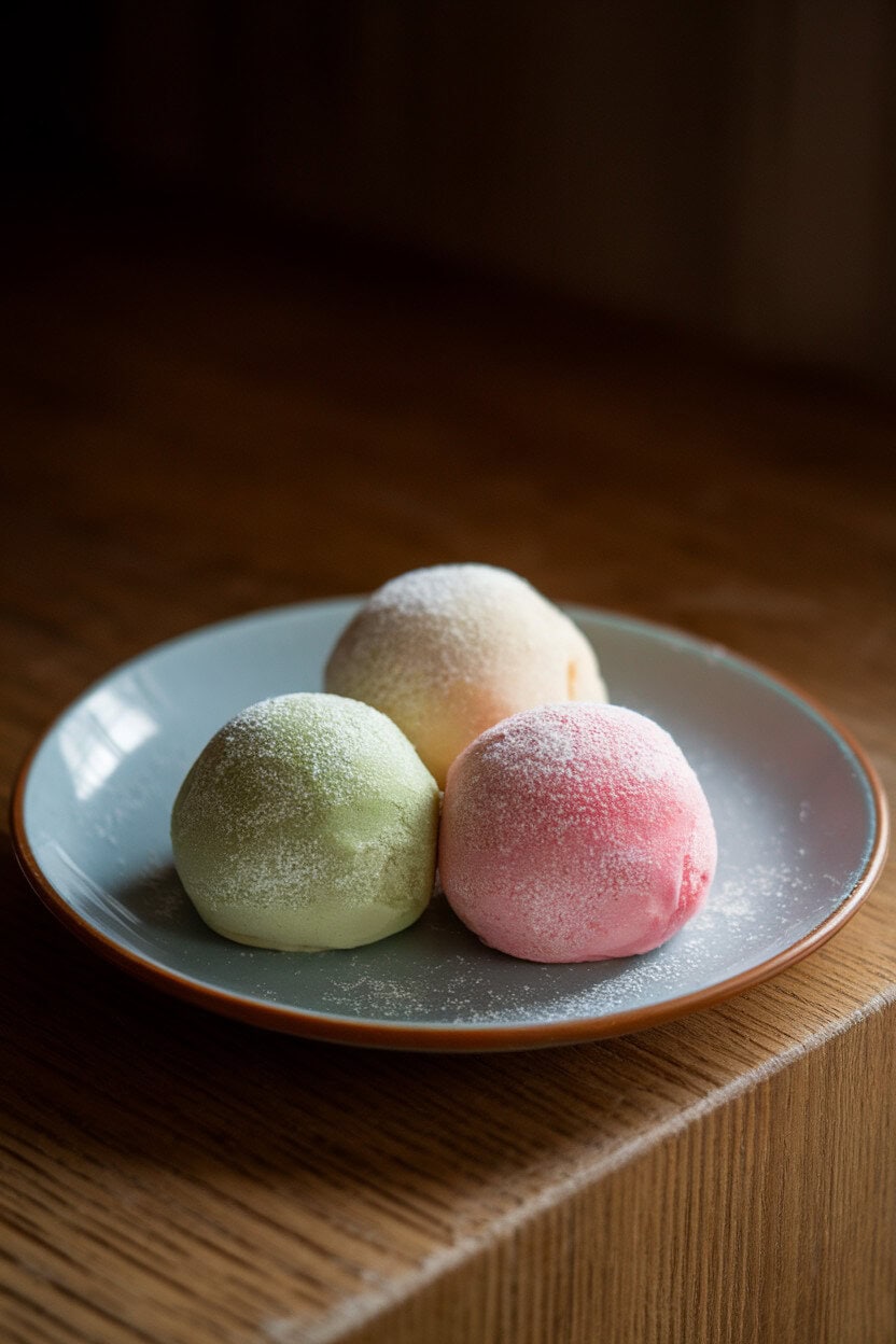 A softly lit indoor plate with three colorful mochi ice cream balls—green tea, vanilla, and strawberry—lightly dusted with starch. No text or logos anywhere. Photo, not illustration.