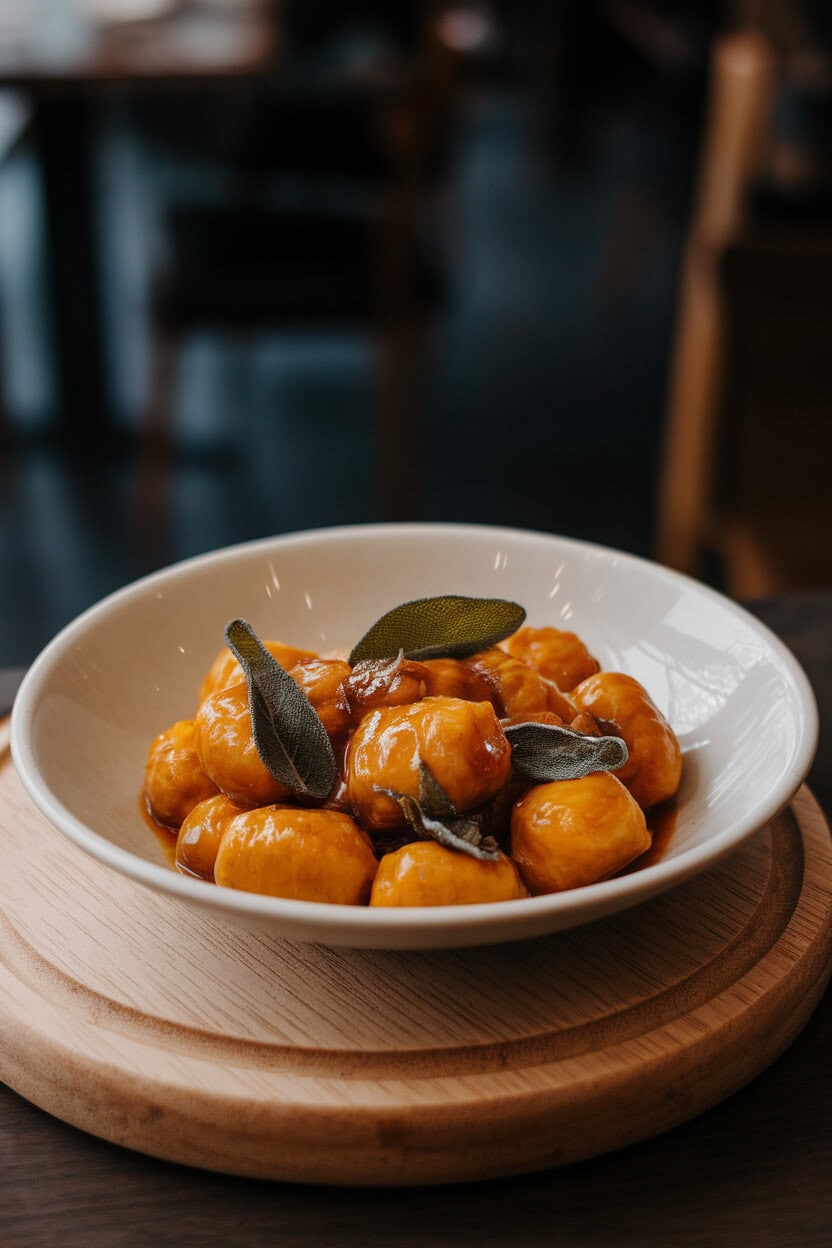 Photo of a shallow white bowl holding pillowy orange gnocchi coated in glossy brown butter with crisp sage leaves, indoor restaurant-style lighting. No text or logos.