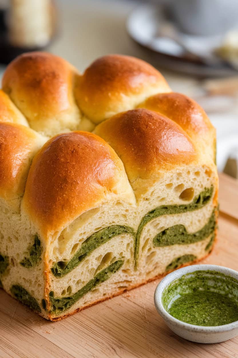 An indoor dining table featuring a golden pull-apart bread loaf with visible green pesto swirls between layers. No text or logos. Photo, not an illustration.