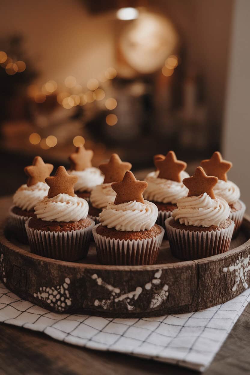 Indoor photo of spiced gingerbread cupcakes crowned with cream cheese frosting and a tiny gingerbread star cookie, on a rustic wooden tray. No logos or text.