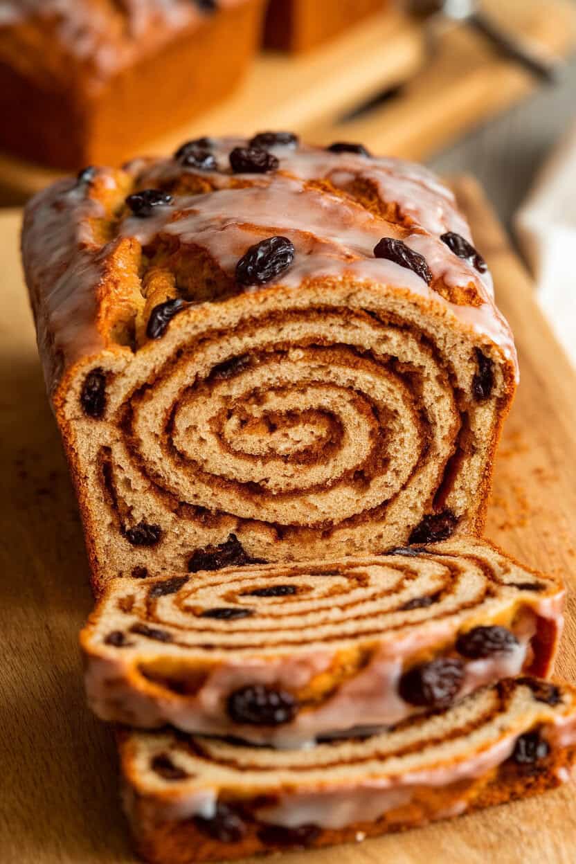 Indoor bakery-style shot of a loaf cut open to reveal a tight cinnamon spiral studded with raisins, light glaze brushed on top. No logos or text.