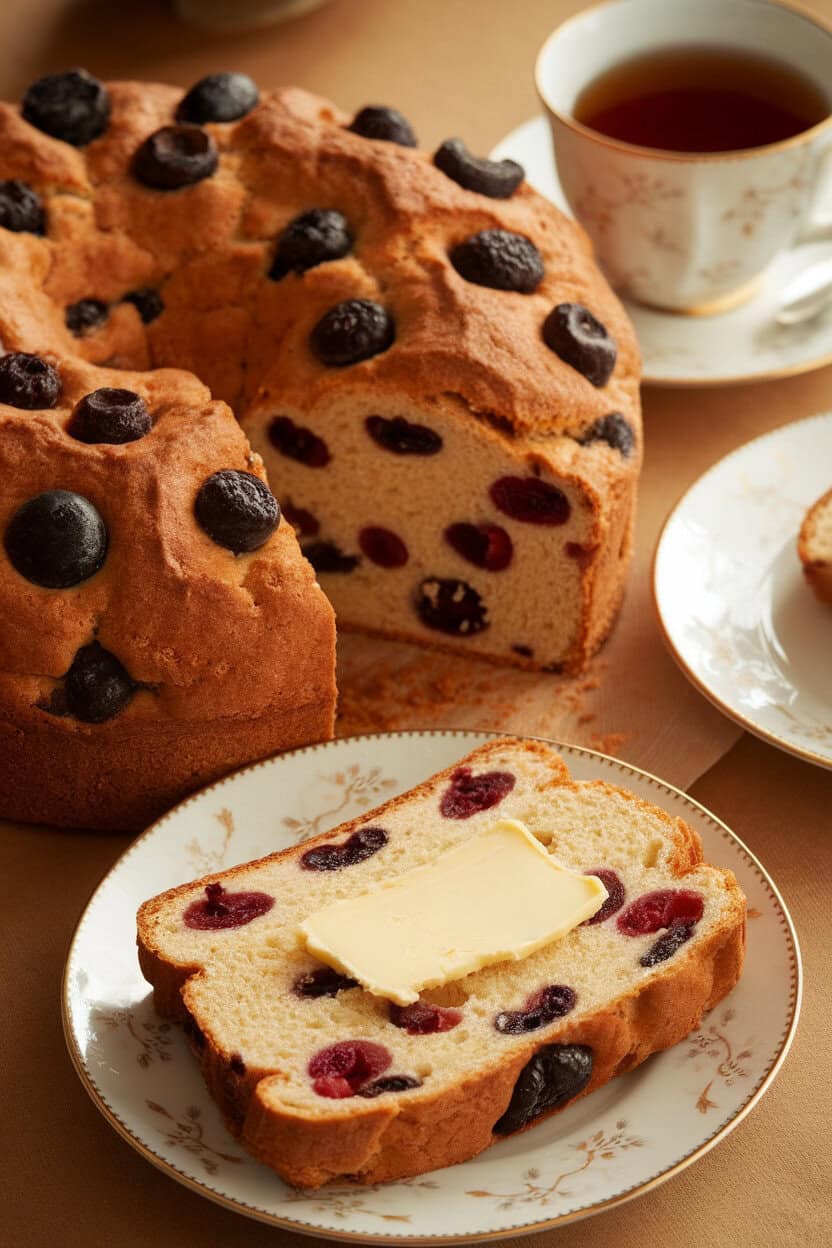 Indoor photo of a round fruit-studded barmbrack loaf, slice spread with butter, cup of black tea slightly blurred in background, no text or logos.