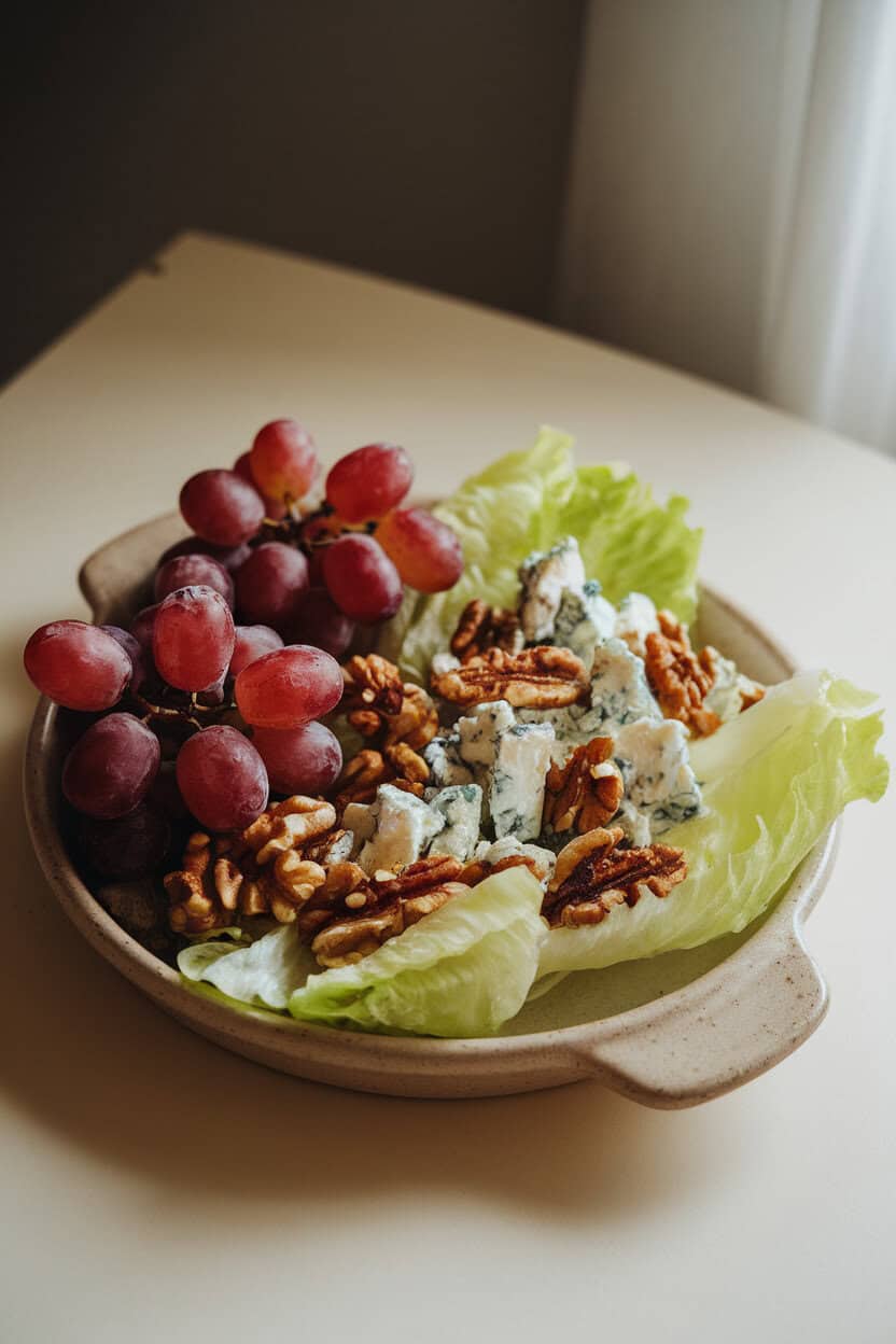 A softly lit indoor table featuring a ceramic dish of halved red grapes, butter lettuce leaves, toasted walnuts, and blue cheese crumbles, lightly dressed. No text or logos; photo, not illustration.
