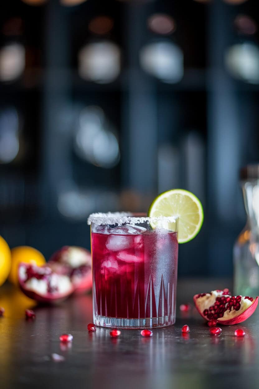 Indoor shot of a rocks glass with a deep magenta drink over ice, salted rim and lime wheel, pomegranate arils scattered nearby. No logos.