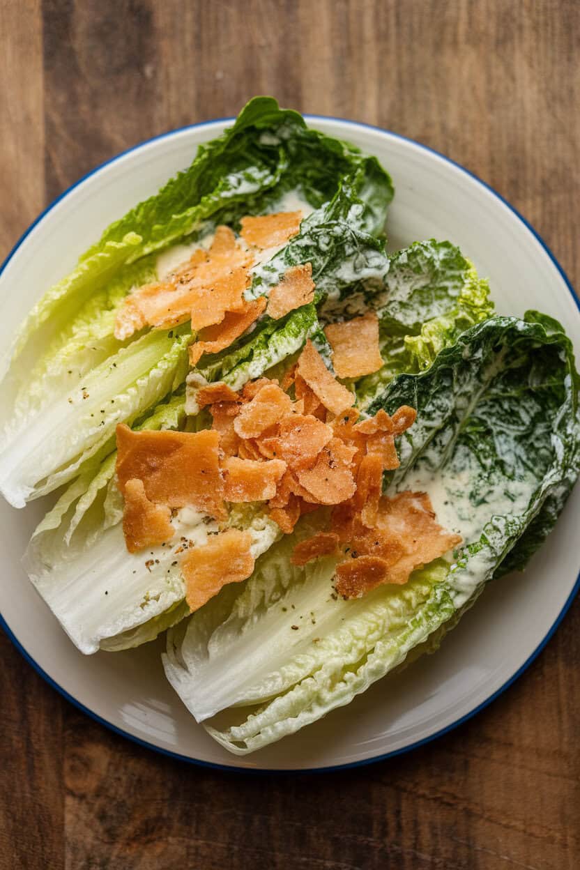 An indoor plate of romaine leaves coated in creamy Caesar dressing, topped with crunchy Parmesan crisps—no text or logos.