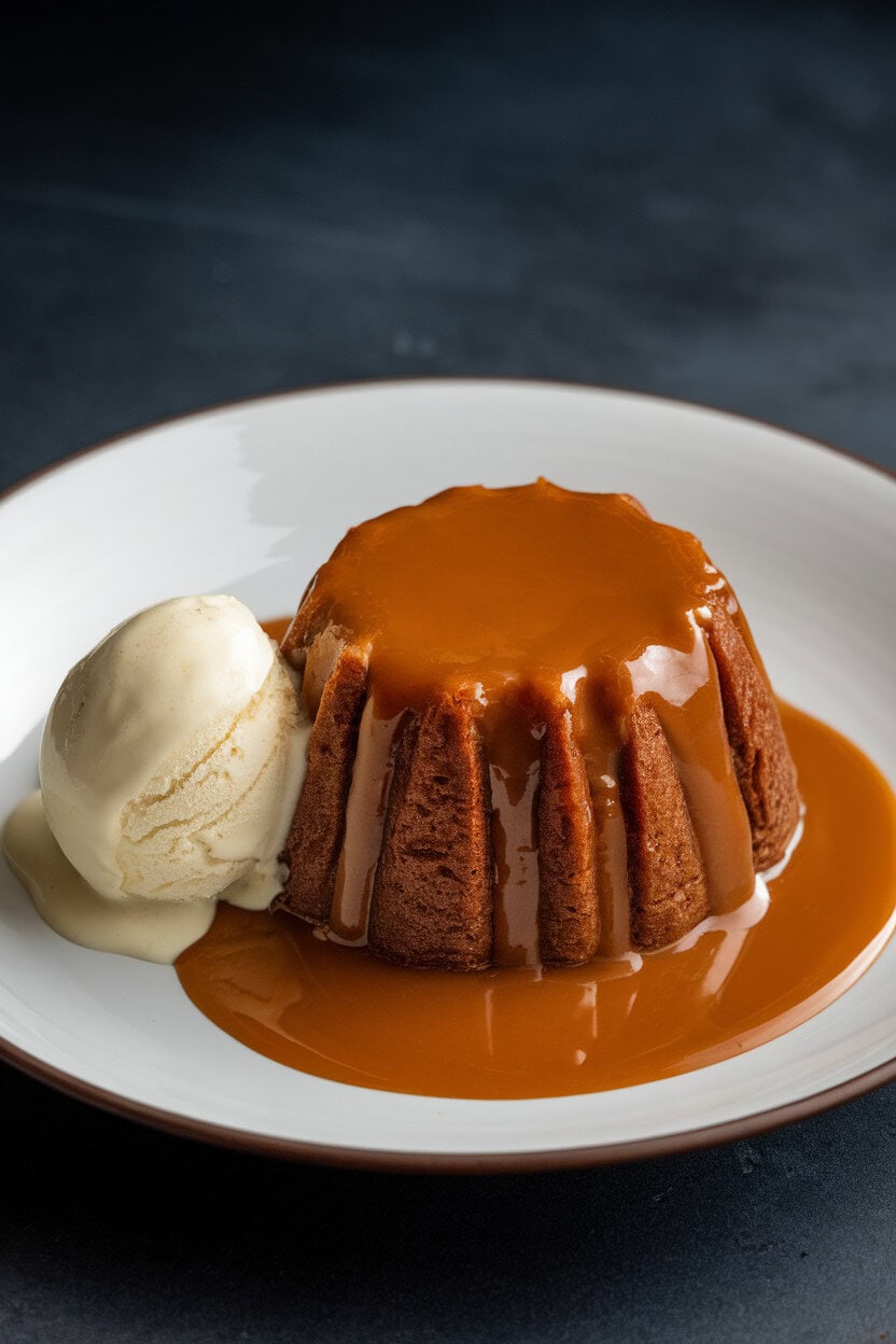 An indoor dessert plate featuring a single sticky toffee pudding drenched in warm caramel sauce, a small scoop of vanilla ice cream melting beside it. No text or logos present. Photo, not illustration.