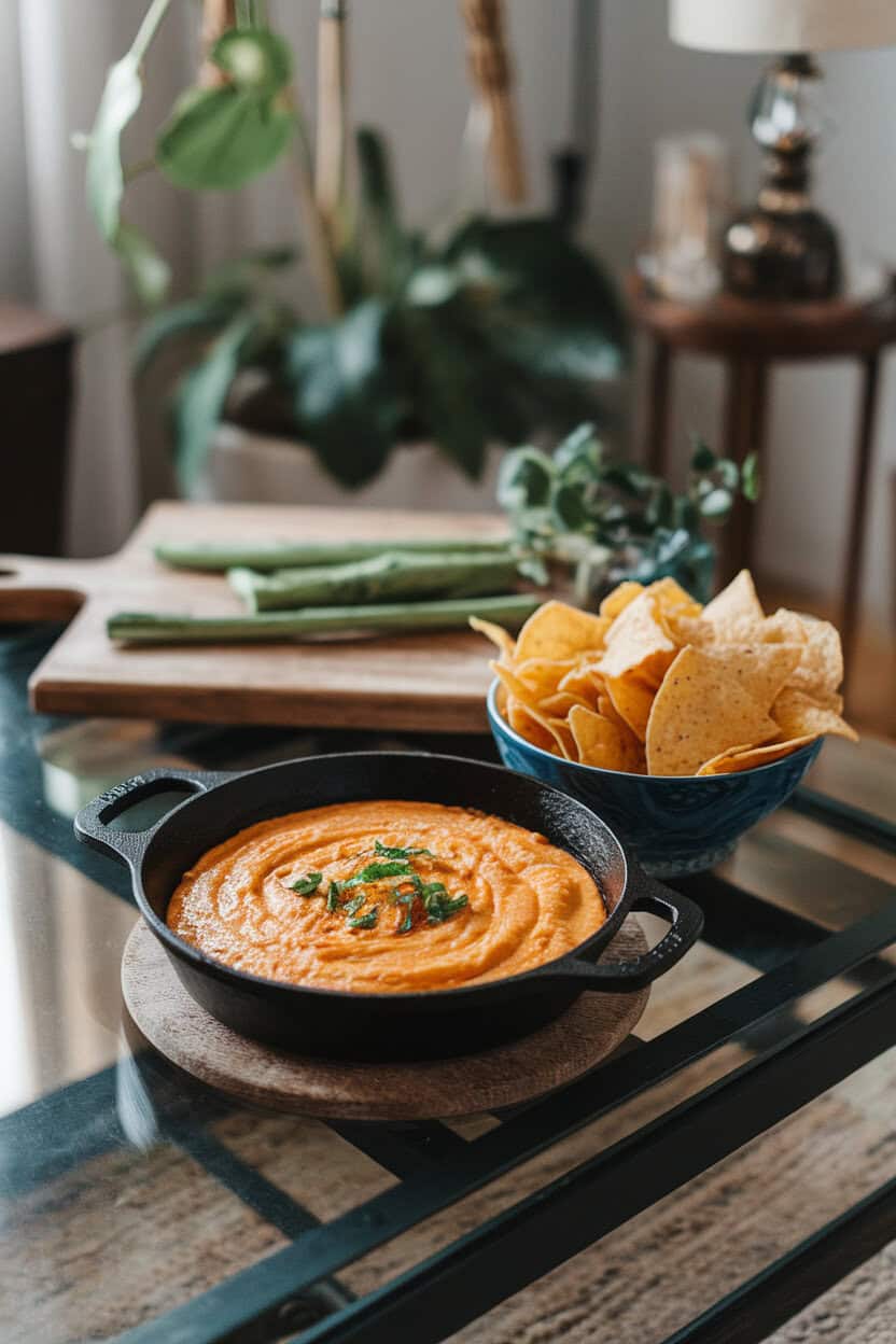 Photo of a small cast-iron skillet filled with creamy orange queso dip, tortilla chips beside it on an indoor coffee table. No text or logos.