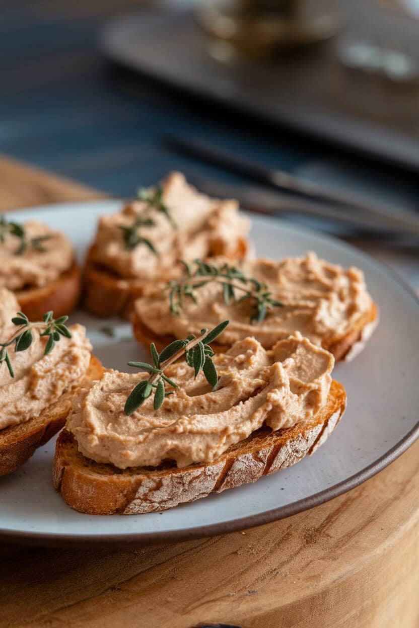 Indoor plate with crisp toast points topped generously with creamy chestnut spread, sprinkle of thyme leaves, no text or logos.