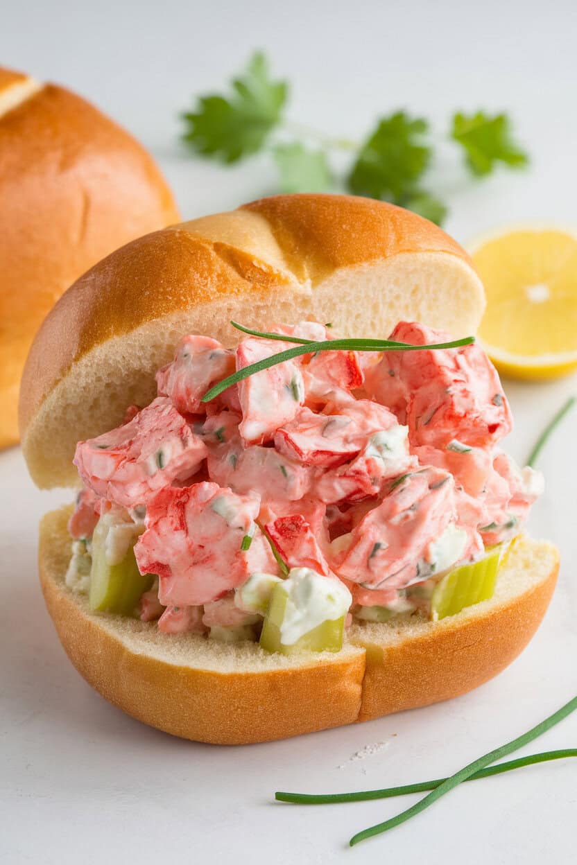 An indoor coastal-inspired photo of buttery split-top buns filled with chilled lobster salad, chives sprinkled on top. No logos or text visible.