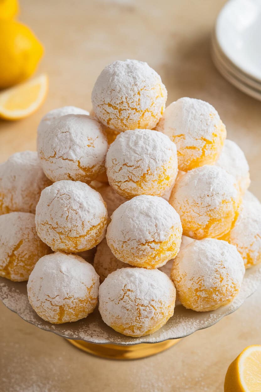 Bright indoor photo of lemon snowball cookies coated generously in powdered sugar, arranged in a pyramid on a cake plate; no branding visible.
