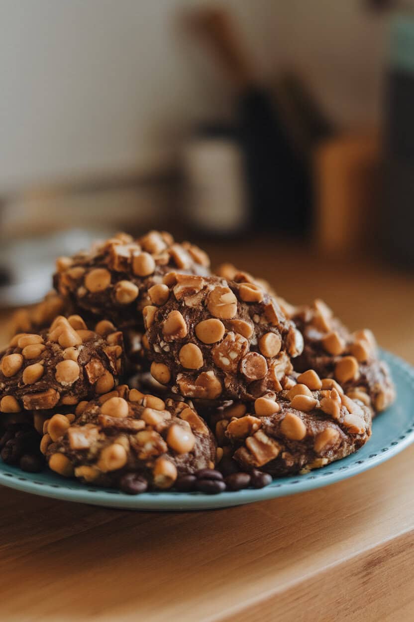 A plate indoors piled with gooey chocolate chip cookies studded with toffee bits, tiny coffee beans scattered for styling; soft warm lighting, no texts or logos.