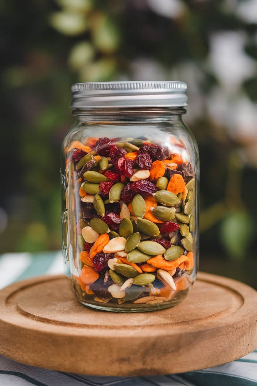 An indoor mason jar filled with colorful trail mix featuring pumpkin seeds, dried cranberries, almonds, and dark chocolate chunks, no logos in frame.