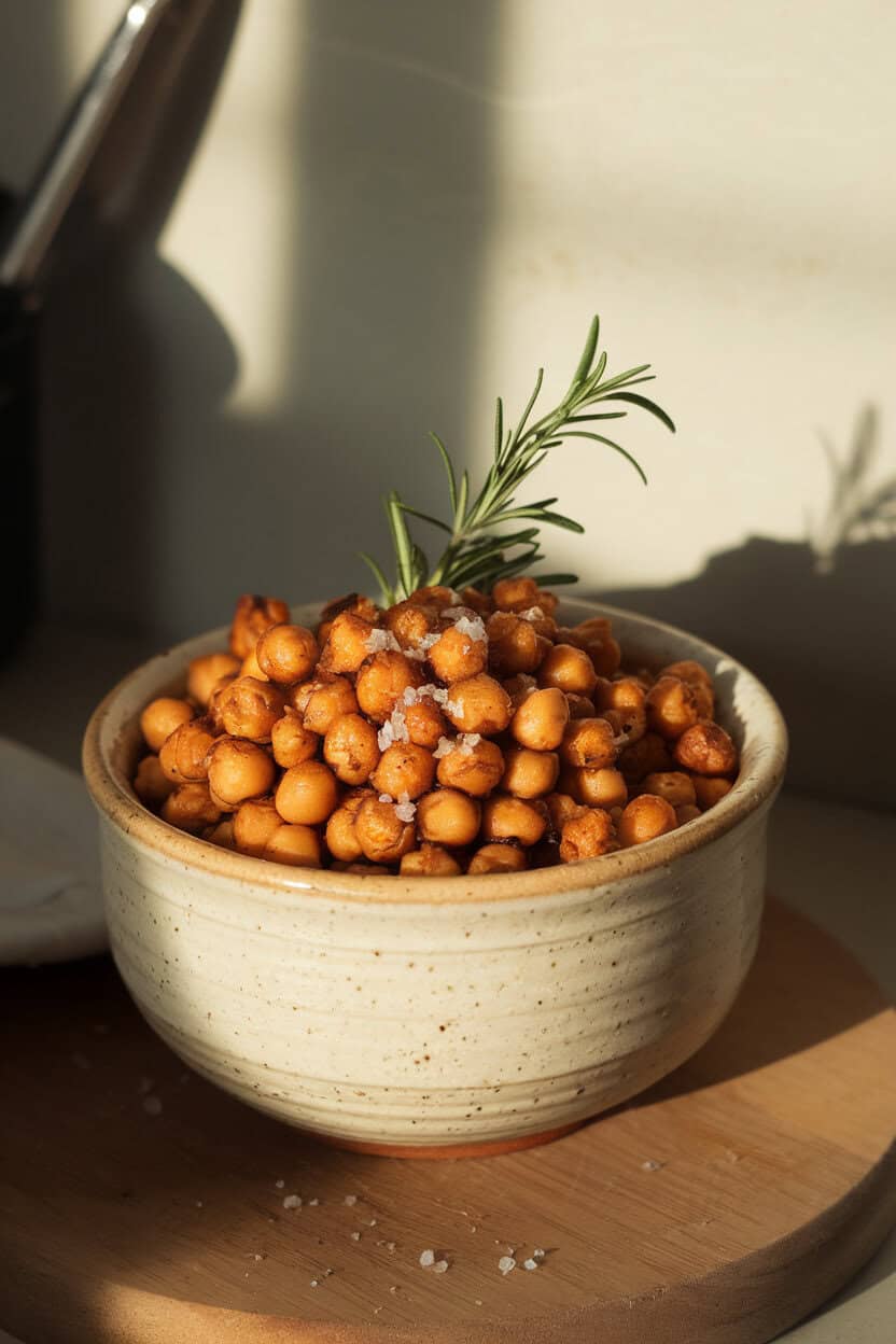 A ceramic bowl indoors filled with crispy roasted chickpeas seasoned with rosemary and sea salt. No text or logos.