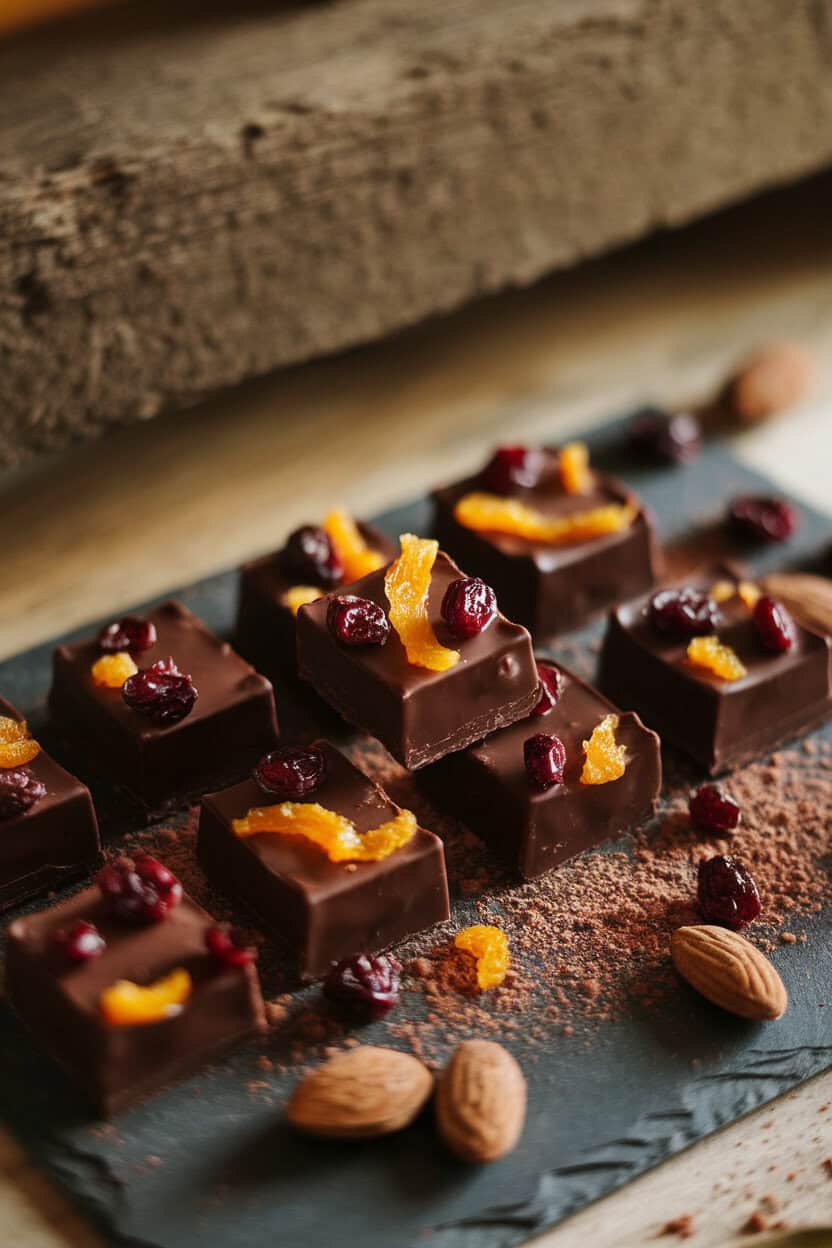 Warm indoor shot of dark chocolate squares studded with dried cranberries and candied orange peel, arranged on a slate board with cocoa-dusted almonds. No text or logos.