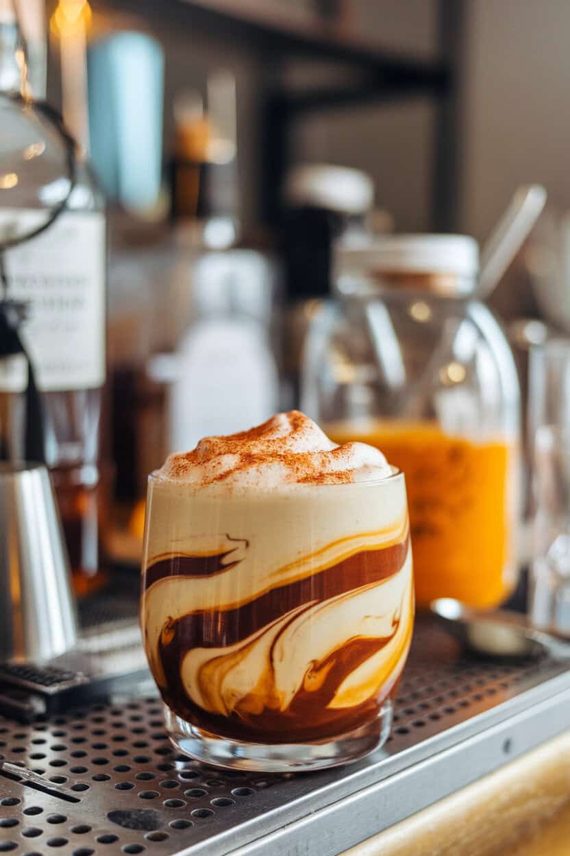 Indoor bar scene with a low tumbler showing layered coffee liqueur, vodka, and pumpkin-spiced cream swirling together. Cinnamon dust on foam, no branding visible.