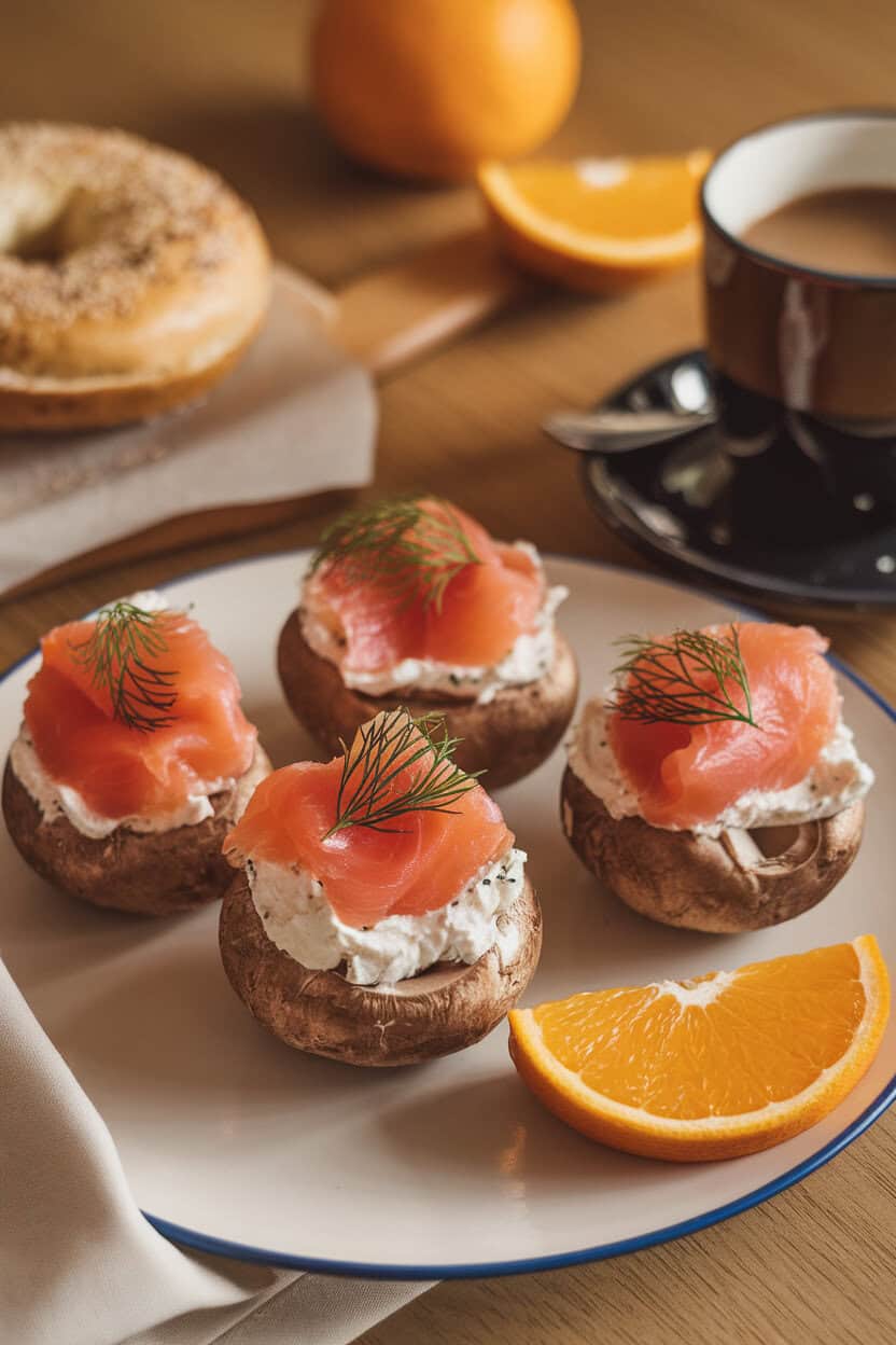 Photo of an indoor brunch spread featuring mushrooms topped with pink smoked salmon pieces and dill-flecked cream cheese. No text or logos.