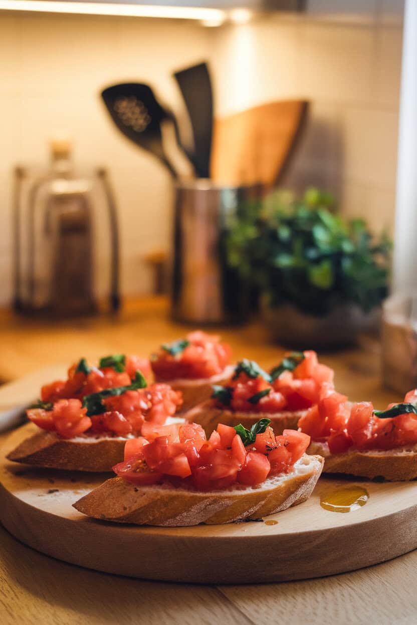 A warmly lit indoor kitchen counter with a wooden board holding toasted baguette slices topped with diced tomatoes, basil, and a drizzle of olive oil. No text or logos in the scene.
