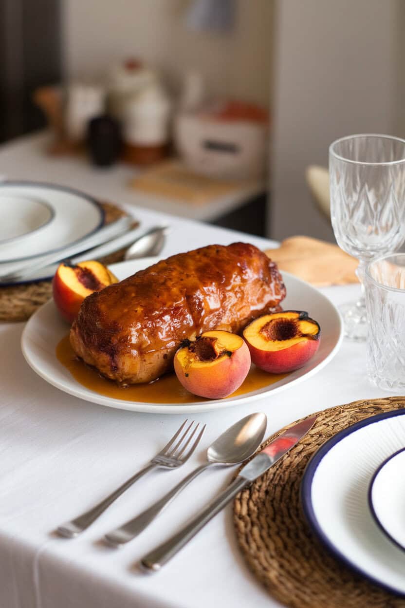 Indoor table showcasing pork loin glazed with peach-bourbon sauce, charred peach halves alongside; no text or logos.