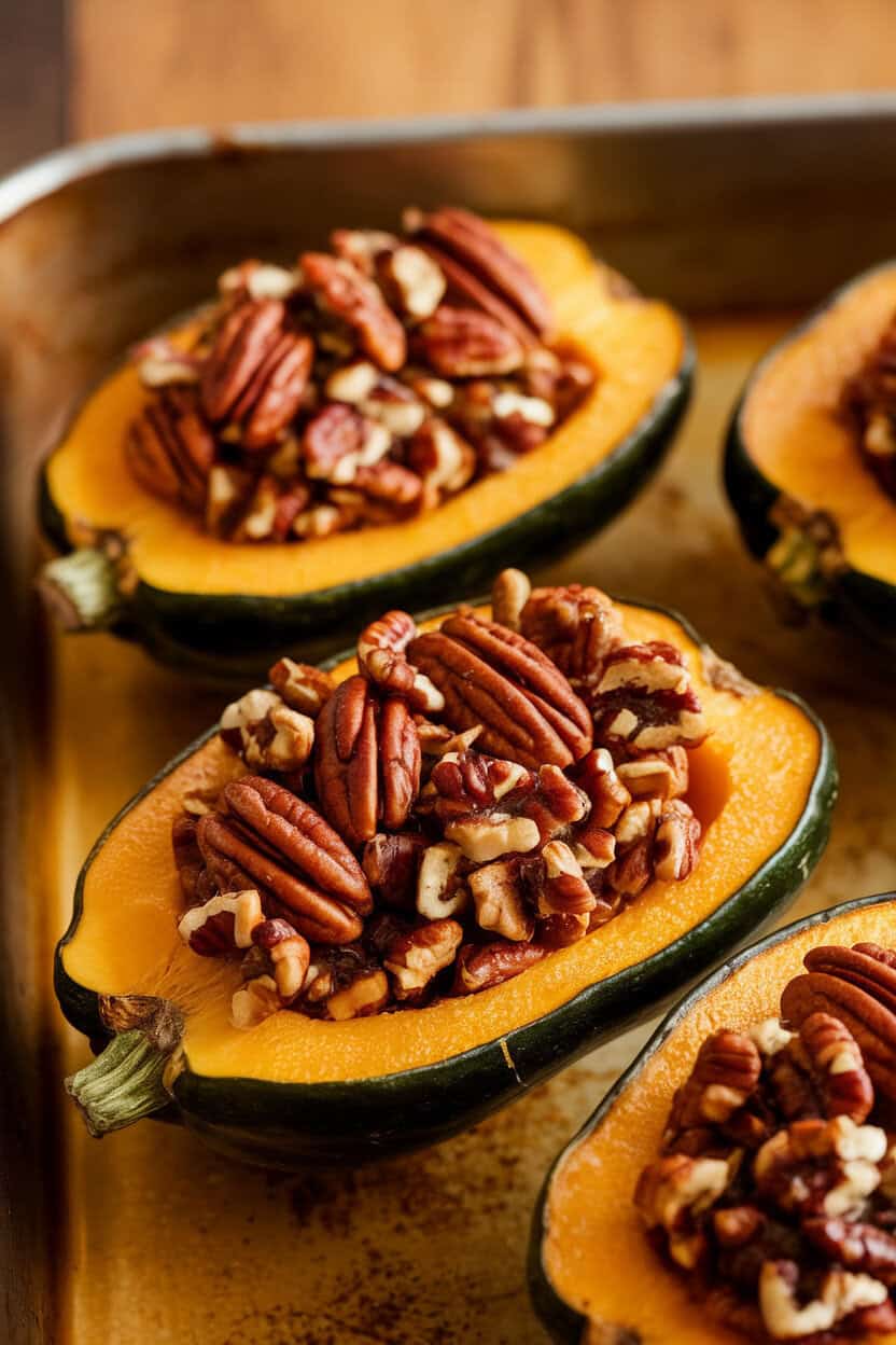 Halved acorn squash boats filled with maple-pecan mixture on a baking dish, photographed indoors, no text or logos.