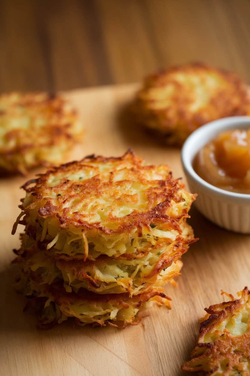 A warm indoor photo of silver-dollar-size potato latkes stacked next to a small bowl of applesauce, edges crisp and golden. No text or logos visible.