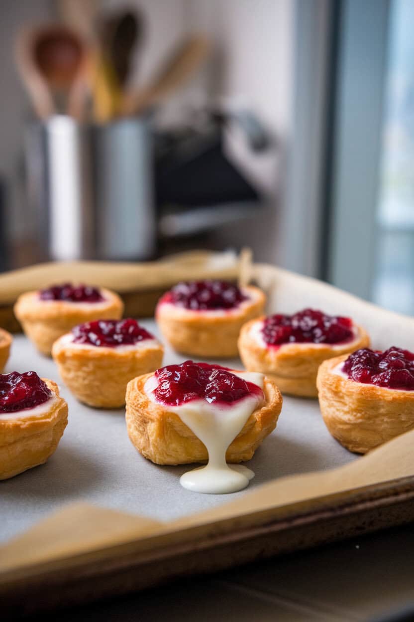 Photo of a parchment-lined baking sheet indoors holding golden puff pastry cups filled with melted brie and ruby cranberry compote, cheese oozing slightly; no text or logos