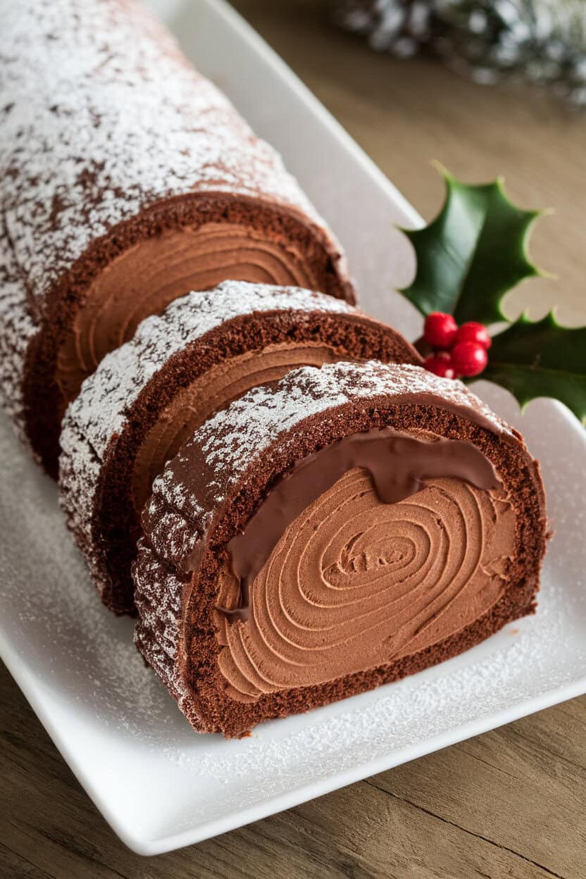 An indoor dessert platter holding a sliced chocolate yule log cake dusted with powdered sugar, holly garnish nearby; photo, no text or logos.