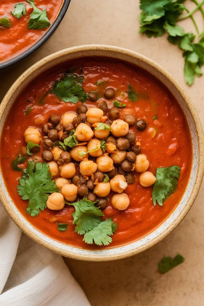 Indoor photo of a bowl of tomato-based chickpea soup dotted with lentils and fresh cilantro, warm spices evident. No text or logos