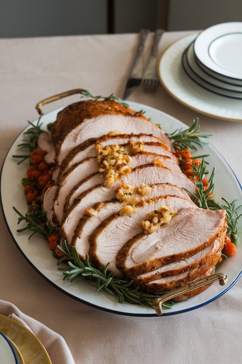 Slices of juicy turkey breast fanned out on a white platter, garlicky butter melting over the top, set on an indoor dining table with simple linens, no text or logos.