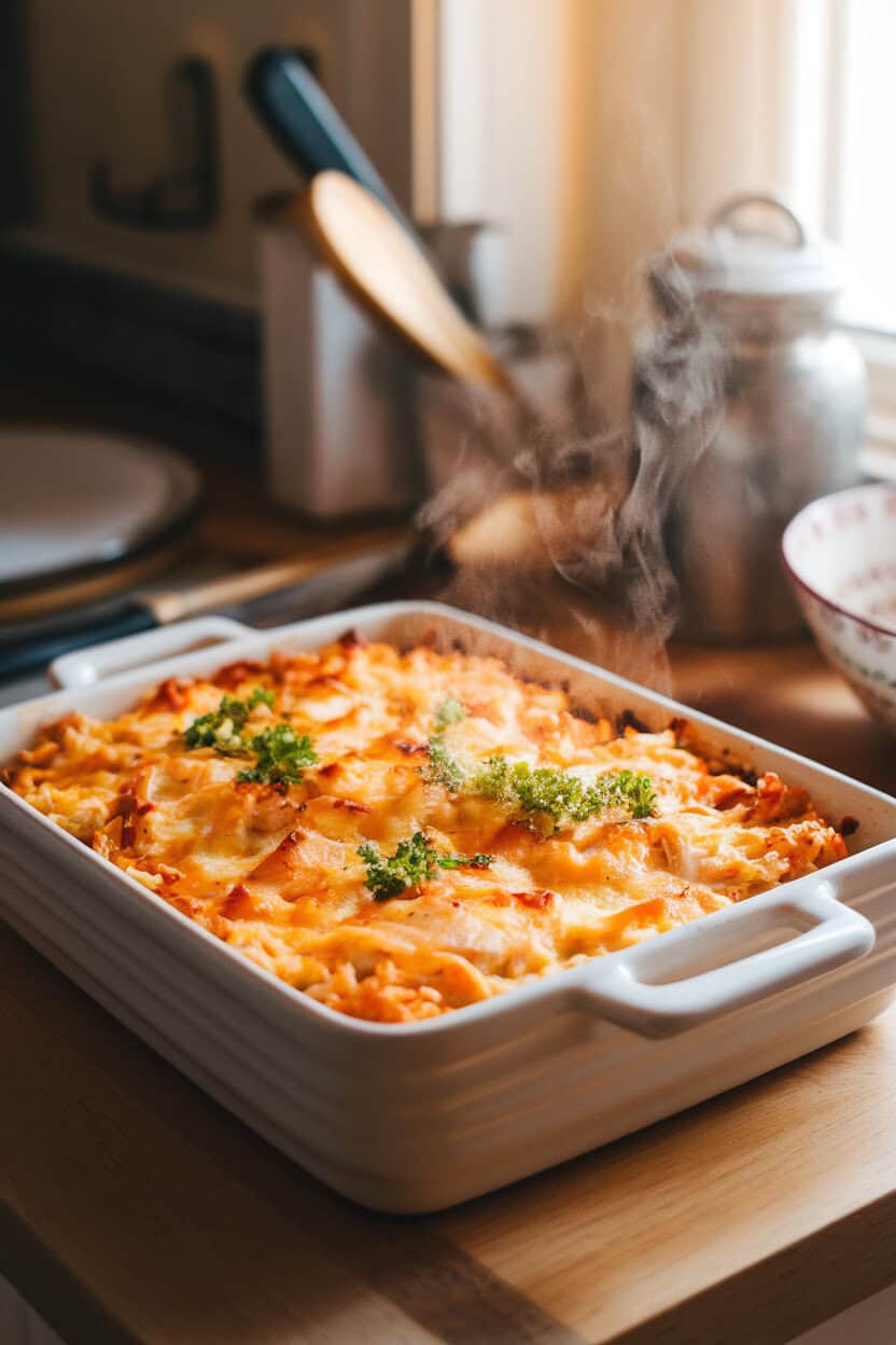 A warmly lit indoor countertop showcasing a white ceramic dish of golden, cheesy chicken and rice casserole, topped with parsley flecks and gentle steam. Photo only, no text or logos anywhere.