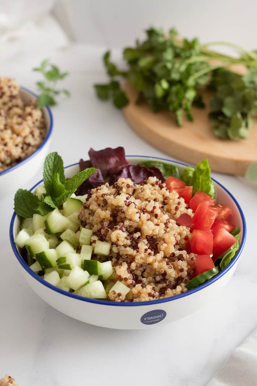 Indoor salad bowl filled with fluffy quinoa, diced cucumber, tomato, parsley, and mint, glistening with olive oil. No logos on bowls.