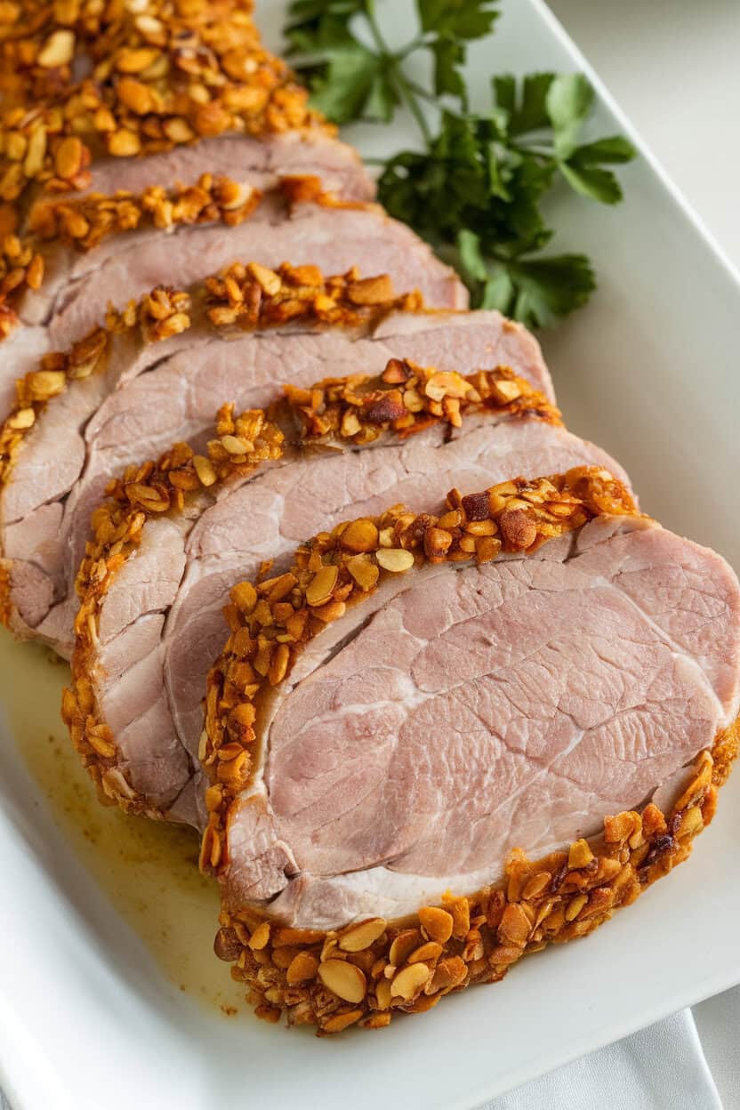 Indoor close-up of pork loin slices wearing a golden almond crust, parsley garnish scattered; no logos.