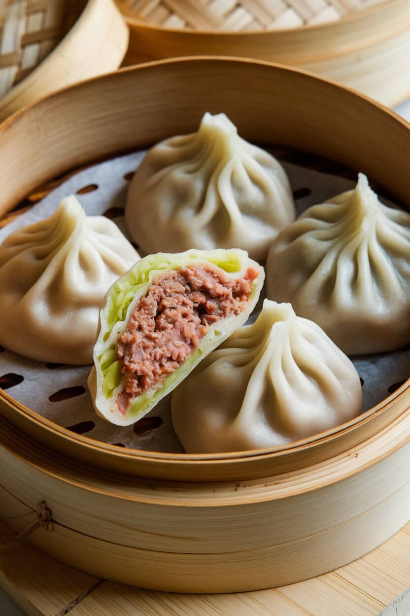 Photo of steamed lamb dumplings in a bamboo steamer, one cut open to show cooked filling, indoor counter, no text or logos.