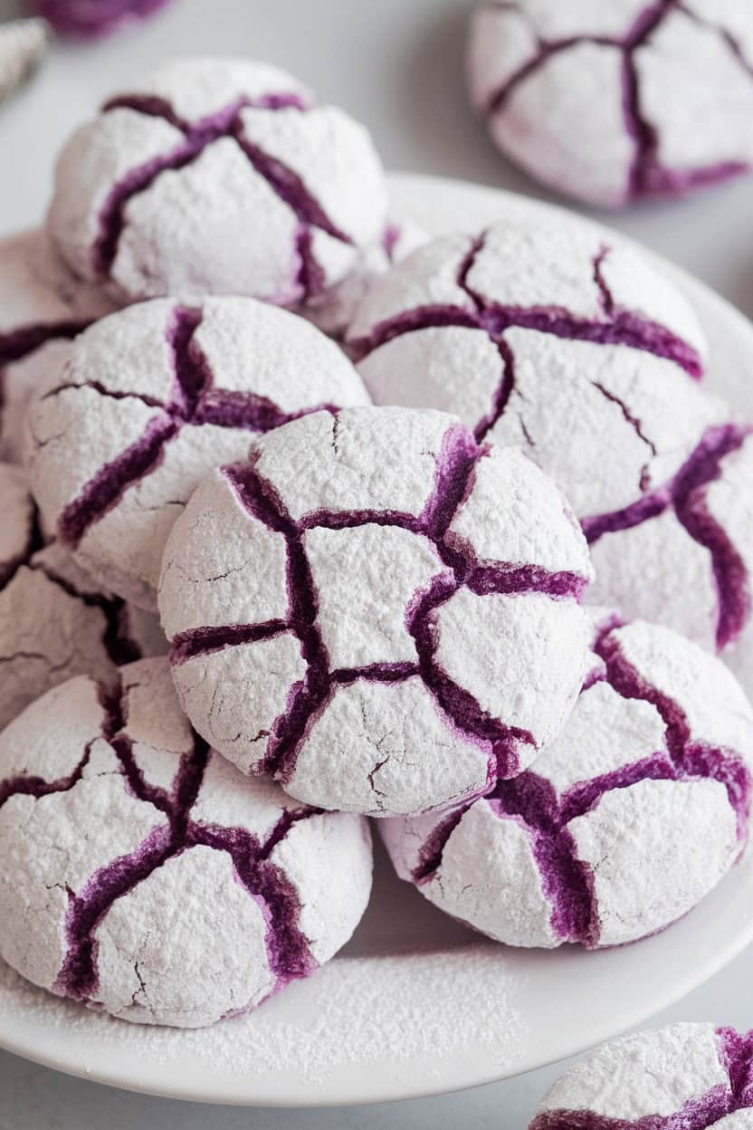 Indoor shot of purple ube crinkle cookies coated in powdered sugar, cracks revealing vivid violet interiors; no text or logos.