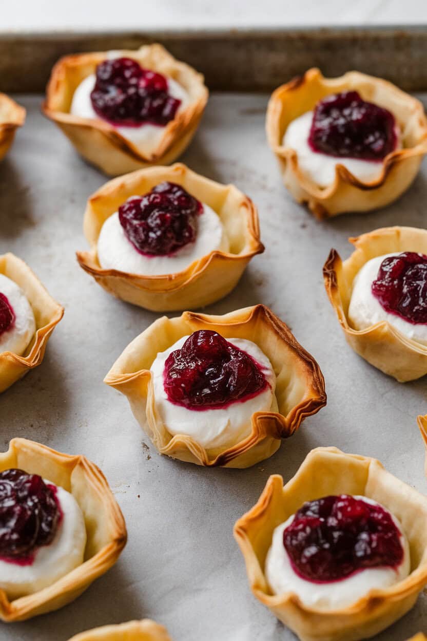 Indoor baking sheet featuring mini phyllo shells filled with melted brie and a dollop of cranberry compote, edges of phyllo golden. No text or logos.