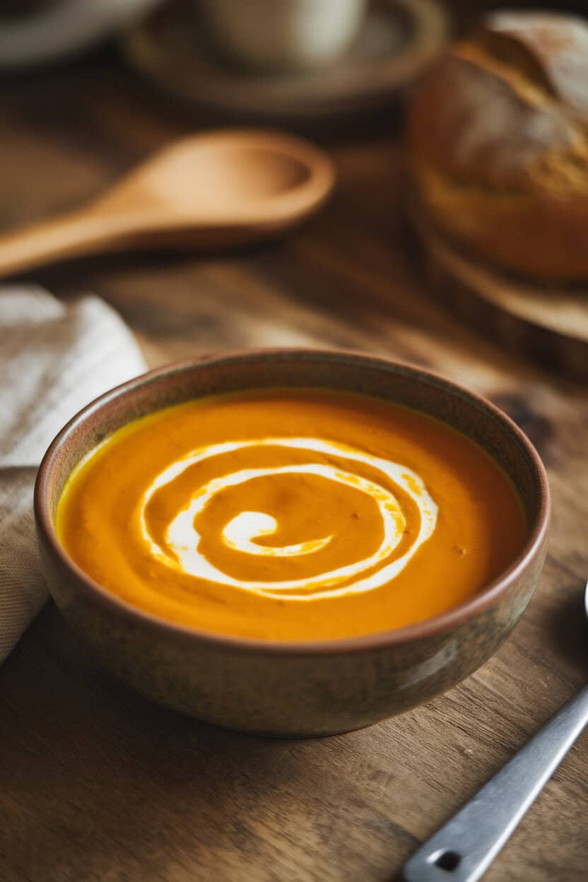 An indoor dining table featuring a rustic bowl of velvety orange pumpkin soup with a swirl of cream forming a ghost outline. No text or logos; photo.