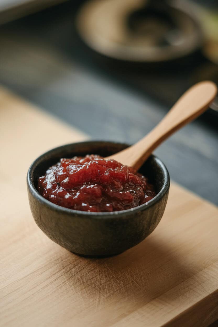 Indoor photo of a small black bowl filled with deep red apple chutney, a wooden spoon resting inside. No text or logos.